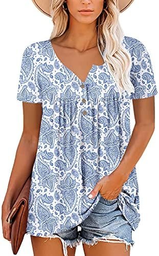 Womens V Neck Casual Blouse Button Down T Shirts Flare and Flowy Tops